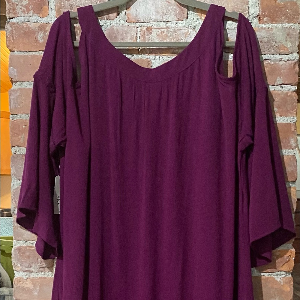 Terra & Sky Purple Cold Shoulder Dress with Long, Ballon Sleeves, Tiered Bottom - Picture 2 of 6